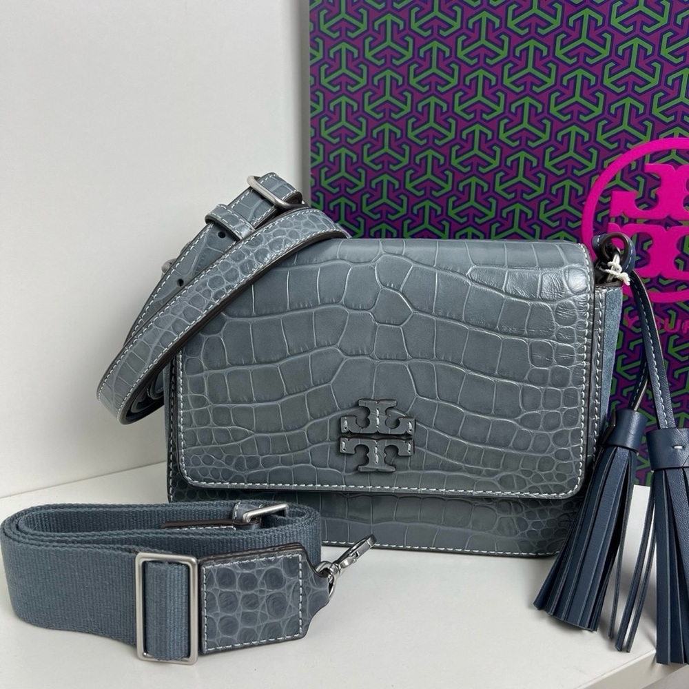 NWT Tory Burch Thea Croc Embossed Web Flap Bag